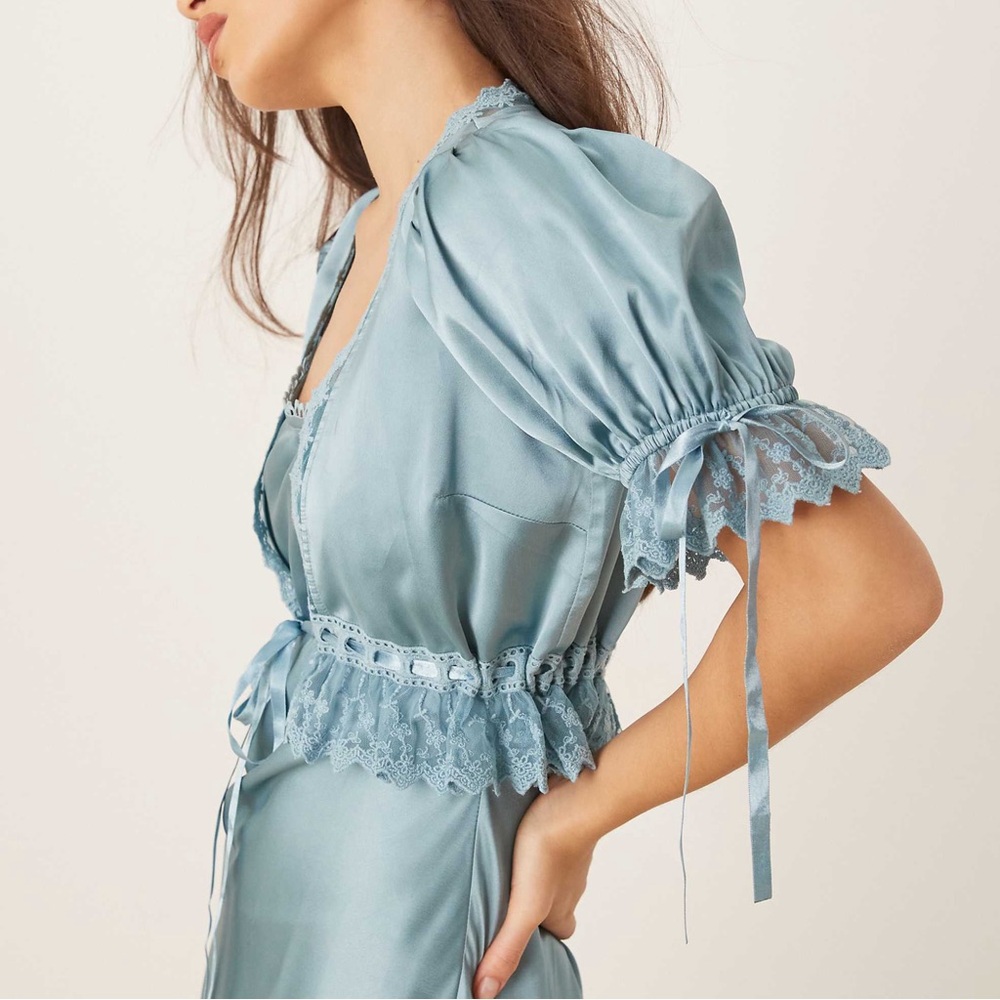 Satin Midi Tea Dress with Lace Trims - Slate Blue